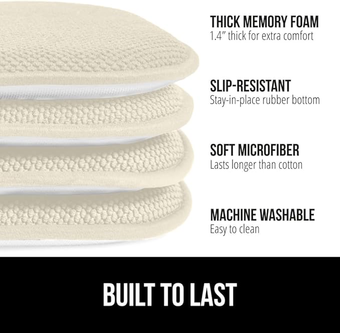 GORILLA GRIP Slip Resistant Chair Cushions, No Ties Required, Set of 6 Memory Foam Pads for Dining Room, Kitchen Table, Office, Rocking Chairs, Plush Seat Cover Cushion Pad, Home Decor, 16x16, Cream