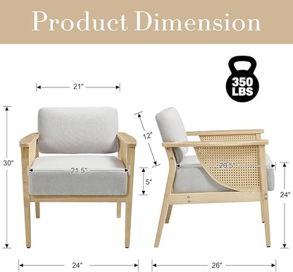 Mid Century Modern Accent Chair Set of 2, Rattan Armchair with Wood Legs Living Room Chair Linen Upholstered Lounge Chair for Bedroom Reading Room, Grey