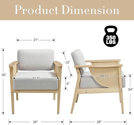 Mid Century Modern Accent Chair Set of 2, Rattan Armchair with Wood Legs Living Room Chair Linen Upholstered Lounge Chair for Bedroom Reading Room, Grey