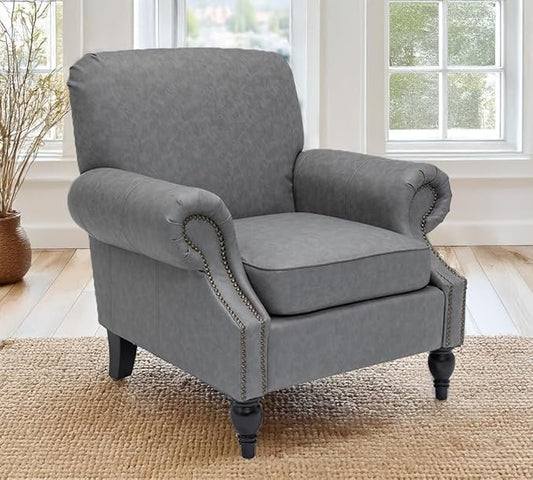 Accent Chair,22.4" Seat Depth Armchair with Roll Arms,36.6W*34.3D*34.6H Living Room Chair,Wood Legs,Set of 1,Faux Leather in Gray