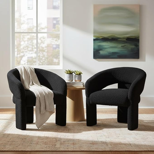 LukeAlon Mid Century Modern Sherpa Accent Chairs Set of 2 – Round Barrel Back Armchairs, Comfy Upholstered Lounge Chairs for Living Room, Bedroom, Office, Waiting Rooms, Black