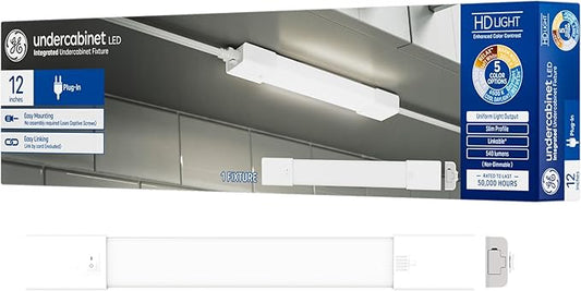 GE LED HD+ Undercabinet Light Fixture, Linkable Integrated Slim Profile Fixture for Kitchens, High Definition Light in 5 Color Temperatures, Plug-in, 12in (1 Pack)