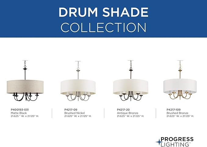 Progress Lighting Drum Shade Collection Five-Light Chandelier, Farmhouse Style Hanging Ceiling Light Fixture for Dining Rooms, Foyers, White Fabric Shade, Brushed Bronze