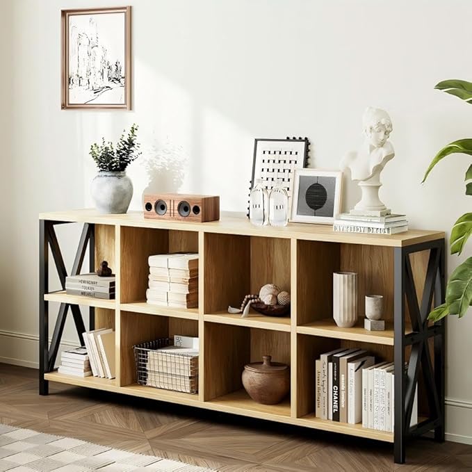 63" 8 Cube Horizontal Bookshelf Long Bookshelf Wood Cube Storage Organizer Wood Cubby Bookcase for Living Room Maple