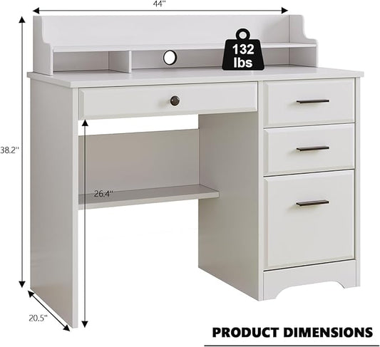 4 EVER WINNER White Desk with Drawers, Small Desk with File Drawer for Small Spaces, Writing Desk with Monitor Stand Wood Table for Study Home Office, White