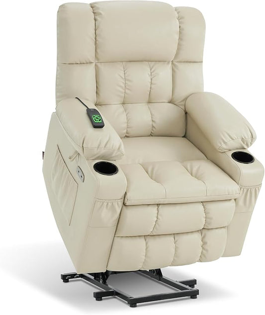 MCombo Dual Motor Small Power Lift Recliner Chair for Elderly, Lay Flat Lift Chair with Heat and Massage, Petite Lift Chair, Cup Holders, Faux Leather 7893 (Cream White, Small)