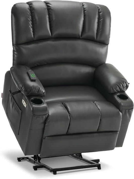MCombo Oversized Power Lift Recliner Chair for Elderly, Lift Chair with Heat and Massage, Lift Recliner for Big and Tall, Cup Holders, USB &Type C Ports, Faux Leather R7092 (Grey, Oversize)
