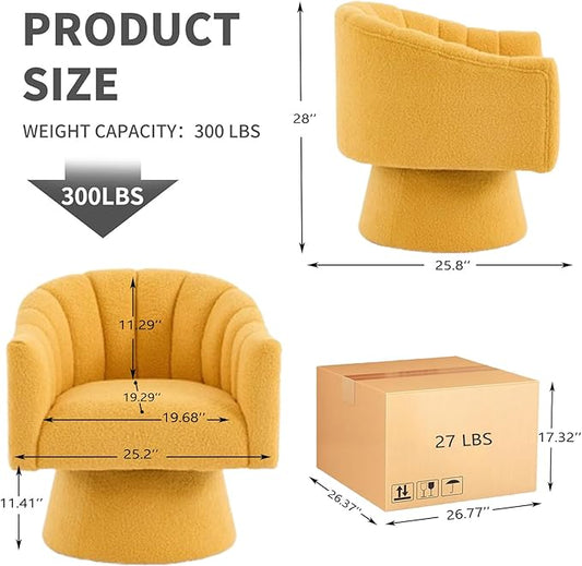 Swivel Accent Chair Set of 2, Upholstered Teddy 360° Swivel Barrel Chair for Living Room Overstuffed Bouncle Reading Chair Round Armchair for Bedroom,Vanity,Office-Mustard