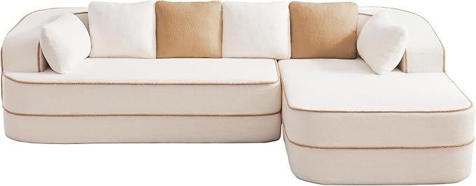 Cloud Sectional Sofa Modern Boneless Couch for Living Room, Comfy Deep Seat Comfy Teddy Fabric Double Sofa Chaise No Assembly Required (White, 106" L Shape with Right Facing)