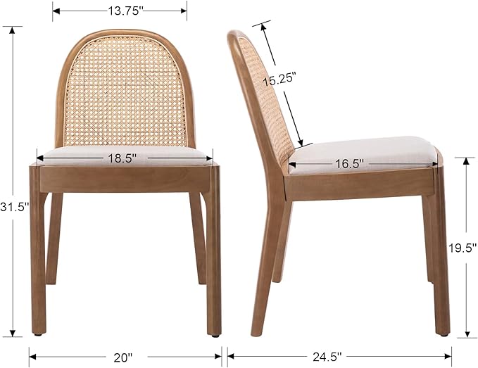 Upholstered Wooden Dining Chairs Set of 2, Farmhouse Kitchen & Dining Room Chairs with Cane Back, Accent Dining Table Chairs Beige Linen Seat for Kitchen/Restaurant/Living Room, Beige