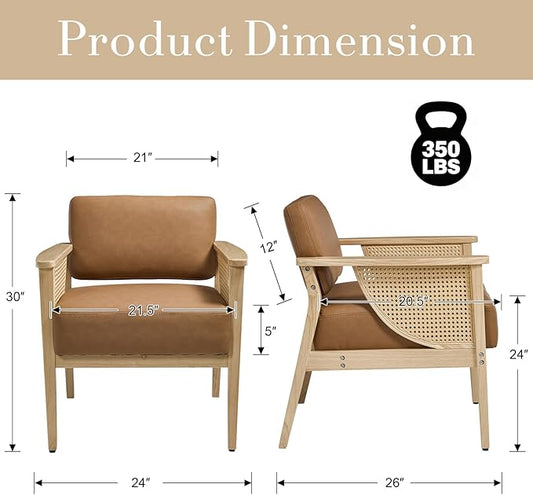 Mid Century Modern Accent Chair, Rattan Armchair with Wood Legs Living Room Chair PU Leather Upholstered Lounge Chair for Bedroom Reading Room, Brown