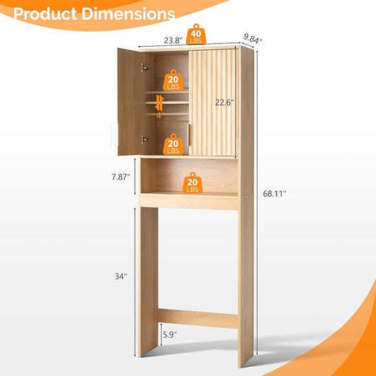 VINGLI Fluted Over The Toilet Storage Cabinet, Modern Behind Toilet Cabinet Bathroom Organizer with 2 Fluted Doors,Wood Storage Organizer Freestanding with Adjustable Shelf for Bathroom,Natural Oak