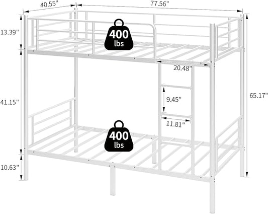 Bunk Bed,Twin Over Twin Bunk Beds for Kids Teens Adults,Heavy Duty Metal Slats Bed Frame with Ladders and Guardrail,400 lbs Capacity,No Spring Box Required,White