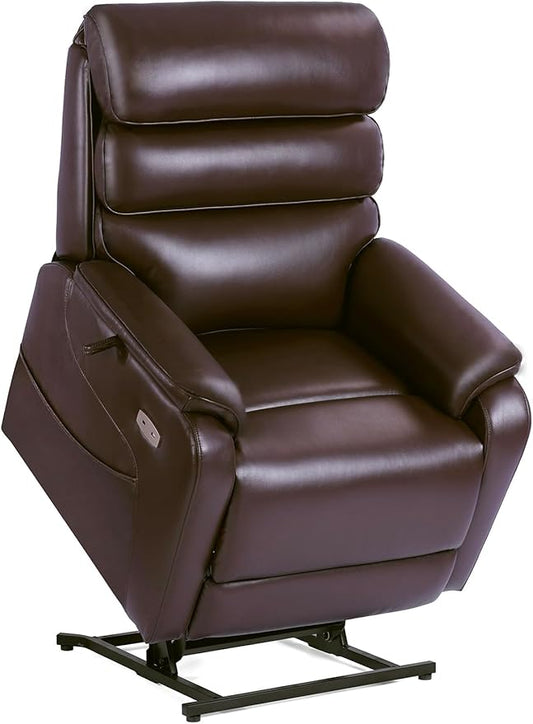 EONIX Wide Lay Flat Power Lift Recliner Chair for Elderly, Oversized Breathable Leather Electric Lift Chairs, 400lbs Heavy Duty Power Recliner with Heat and Massage, SLRY004063, Dark Brown