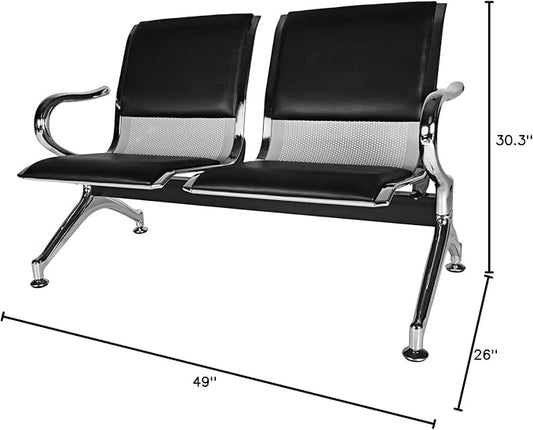Kinsuite 2-Seat Waiting Room Bench - PU Leather Waiting Room Chairs with Arms & Non-Slip Foot Mats, Reception Chairs Guest Chair for Office Airport Bank Salon, Black