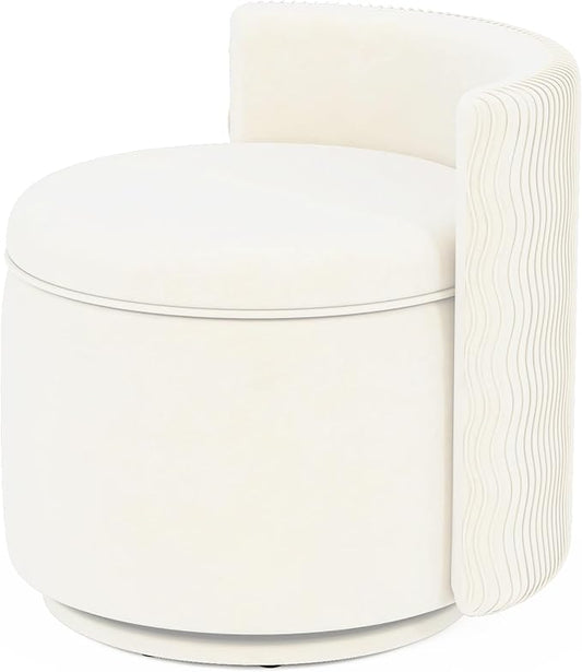 360° Swivel Accent Chair with Storage, Vanity Stool with Back, Velvet Storage Ottoman, Upholstered Round Barrel Vanity Chair for Living Room, Makeup Room, Bedroom (Off White)