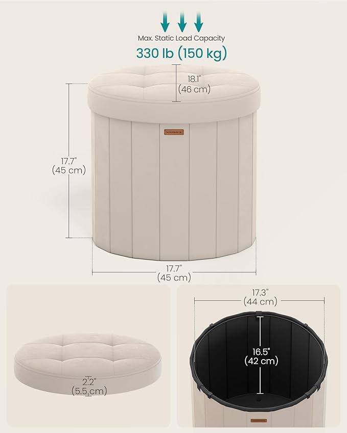 SONGMICS Mazie Collection - Round Storage Ottoman, Folding Footrest Stool with Removable Lid, Easy Assembly, Velvet Vanity Stool for Bedroom, Living Room, Entryway, Cappuccino Beige ULSF608L01
