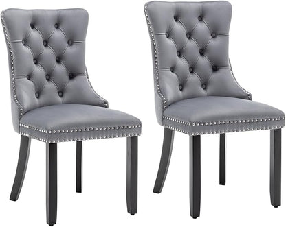 Velvet Dining Chairs Set of 2, Tufted Dining Room Chairs with Nailhead Ring Pull Trim, Upholstered Dining Chairs with Solid Wood Legs for Kitchen Dining Room, Sillas De Comedor (Grey)