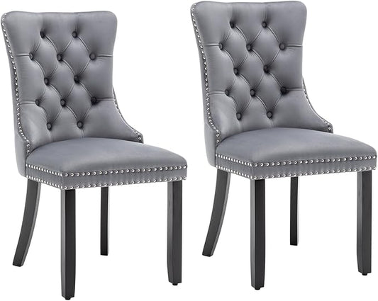 Velvet Dining Chairs Set of 2, Tufted Dining Room Chairs with Nailhead Ring Pull Trim, Upholstered Dining Chairs with Solid Wood Legs for Kitchen Dining Room, Sillas De Comedor (Grey)