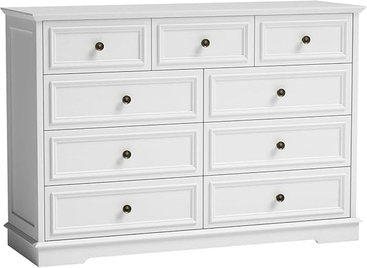 9 Drawer Dressers for Bedroom, 51" Wide Wood Chest of Drawers, Farmhouse Bedroom Dressers with Drawers, Modern Dresser TV Stand, Retro Design, for Living Room, Dressing Room, Hallway, White