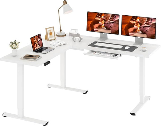 L-Shaped Standing Desk, 71 x 63 Inches Height Adjustable Desk with Storage, Sit and Stand up for Work Office Home, Ergonomic Rising Computer Table for Home Office with Splice Board, White