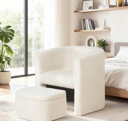 Mid-Century Velvet Living Room Chair with Storage Ottoman, Space-Saving Accent Chairs for Bedroom/Reading Spaces/Office, Cream