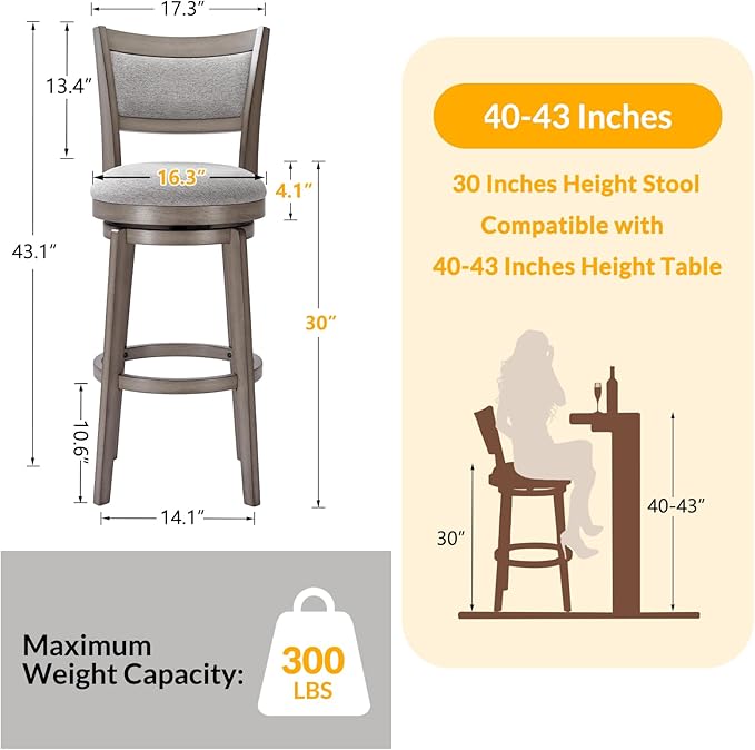 PrimeZone Swivel Bar Stools Set of 6, 30 Inch Bar Height Barstools, High Back Bar Stool with Solid Wood Legs & Wrap-Around Footrest, Counter Stools for Kitchen Island, Pub, Grey