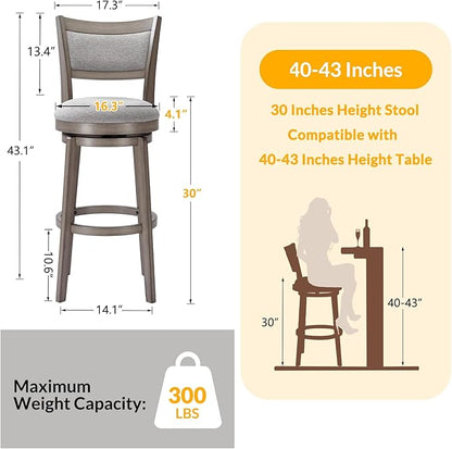 PrimeZone Swivel Bar Stools Set of 4, 30 Inch Bar Height Barstools, High Back Bar Stool with Solid Wood Legs & Wrap-Around Footrest, Counter Stools for Kitchen Island, Pub & Cafe, Grey