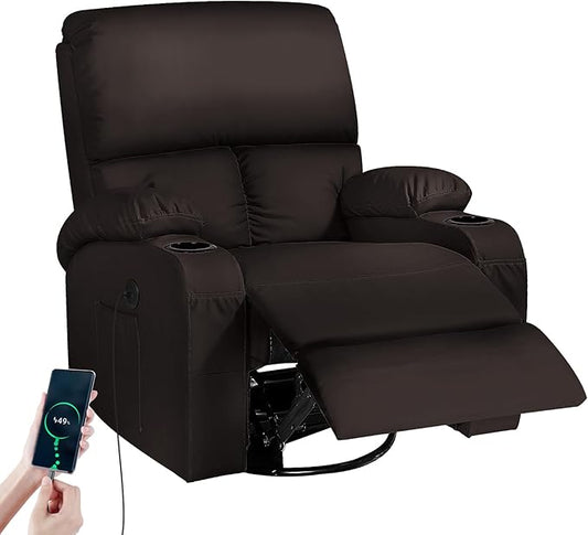 LEVELEVE Rocking Recliner Chair, Massage Rocker Recliner Chair with Vibration Massage and Heat, USB and Type-C Ports,360° Swivel Faux Leather Chairs, Living Room, Bedroom, Nursery, RV, Brown