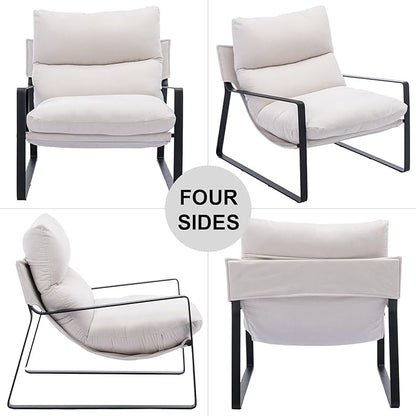 DUOMAY Mid-Century Accent Chair Armchair Set of 2, Comfy Linen Fabric Leisure Chair Lazy Chair with Metal Leg for Living Room Bedroom Office Apartment, White
