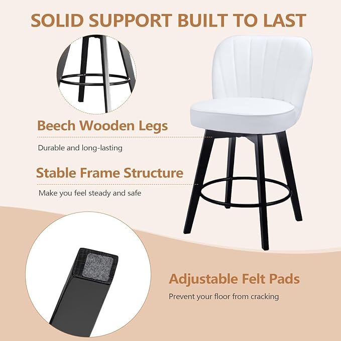 MINCETA Bar Stools Set of 4, PU Leather Barstools, 26 Inch Upholstered Counter Stools with Backrest and Footrest, Swivel Counter Height Barstools for Kitchen Island Home Bar White