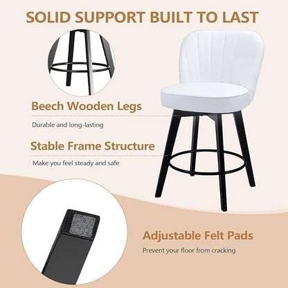 MINCETA Bar Stools Set of 4, PU Leather Barstools, 26 Inch Upholstered Counter Stools with Backrest and Footrest, Swivel Counter Height Barstools for Kitchen Island Home Bar White