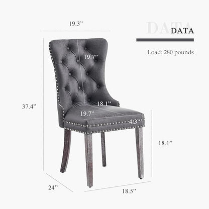 Leather Dining Chair Set of 2, Dining Room Chairs with Nailhead Ring Pull Trim, Upholstered Dining Chairs with Solid Wood Legs for Kitchen Dining Room (Grey)