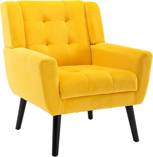 Dolonm Midcentury Modern Accent Chair with Arms, Upholstered Fabric Reading Side Chair Tufted Back Decorative Wingback Chair for Living Room Bedroom (Yellow)