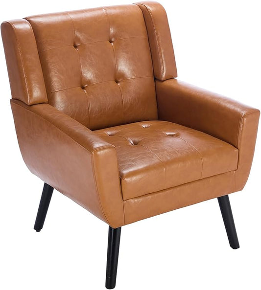 Dolonm Midcentury Modern Leather Accent Chair with Arms, Upholstered Reading Side Chair Tufted Back Decorative Wingback Chair for Living Room Bedroom (Light Brown-PU)