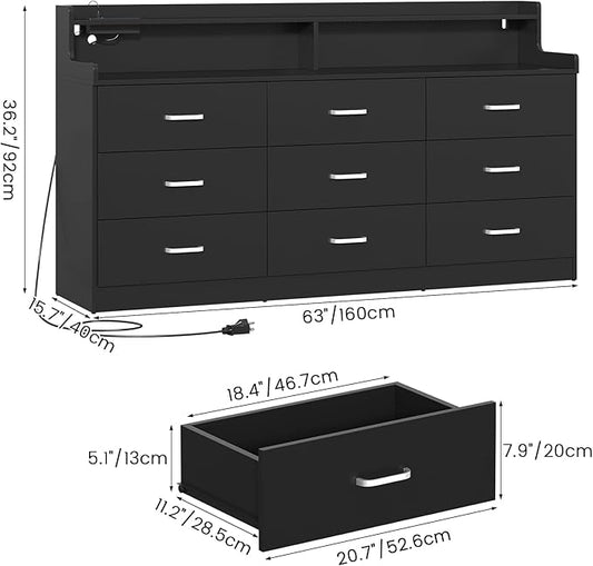 Bigbiglife 9 Drawer Dresser with Built in Power Outlet and LED Light, Modern Chest of Drawers for Bedroom, Triple Wide Drawer Organizer Cabinet for Living Room, Entryway, Hallway, Black