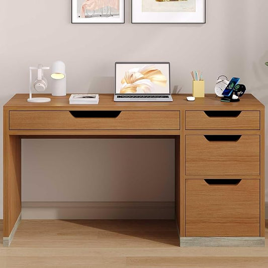 52 Inch Desk with 4 Drawers, Small Computer Desk for Small Space, Home Office Desk with Storage File Cabinet for Bedroom, Brown