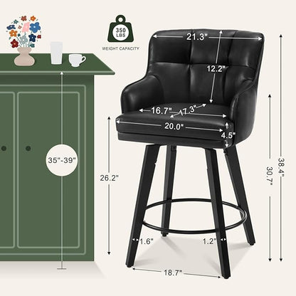 360°Swivel Counter Height Bar Stools with Back, 26 inch Solid Wood Legs, Bar Stool Modern Kitchen Island Chairs, Faux Leather (Black- Faux Leather, 26" H- Set of 1)