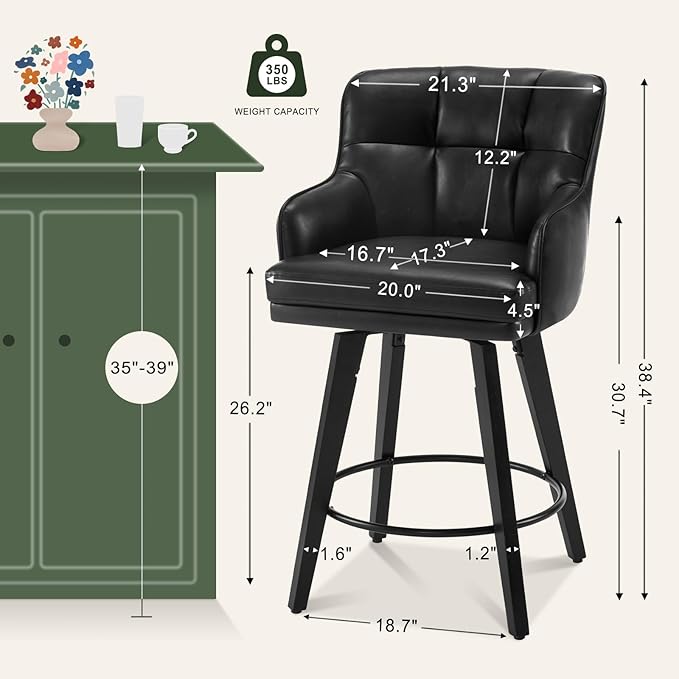 360°Swivel Counter Height Bar Stools with Back, 26 inch Solid Wood Legs, Bar Stool Modern Kitchen Island Chairs, Faux Leather (Black- Faux Leather, 26" H- Set of 6)