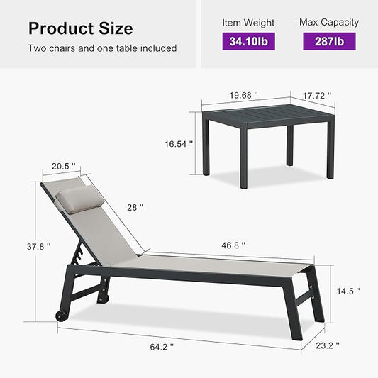 PURPLE LEAF Outdoor Lounge Chair Set of 3 Patio Chaise Pool Lounger Aluminum Frame with Side Table and Wheels for Outside Sunbathing Tanning Recliner Including Pillows Beige