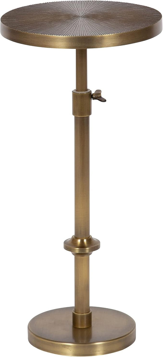 Kate and Laurel Engles Traditional Adjustable-Height Pedestal Drink Table; 10 x 10 x 30; Antique Brass; Vintage Round Indoor Metal Plant Stand with Embossed Sunburst Pattern