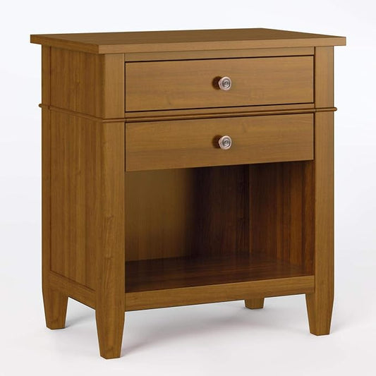 SIMPLIHOME Carlton Bedside Table - 24 inch Wide Solid Wood Nightstand Table in Light Golden Brown, Transitional Bedroom Side or End Table with 2 Drawers, Open Storage Shelf and Bronze Hardware