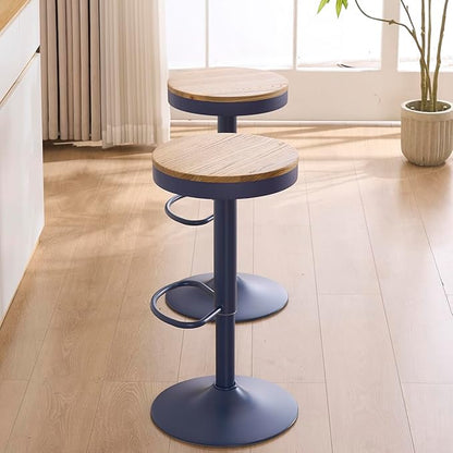 Kidol & Shellder Bar Stools Set of 4 Round Adjustable Swivel Barstools Modern Backless Bar Chairs Wooden Seat Counter Height Stools Armless for Kitchen Island, Cafe, Dining Room Blue