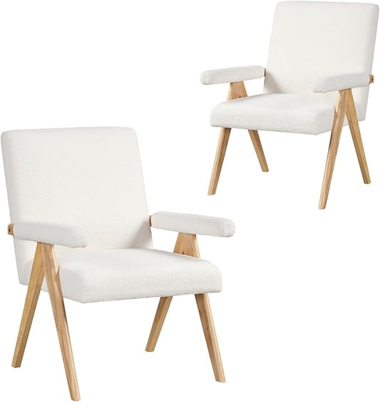 Giantex Mid-Century Modern Accent Chairs Set of 2, Sherpa Fabric Reading Chair with Padded Armrests, Solid Rubber Wood Frame, Upholstered Side Arm Chair for Living Room, Bedroom, Office, Beige