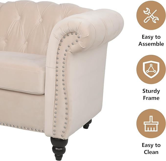 Accent Sofa Chair for Living Room, Mid Century Modern Velvet Upholstered Armchair, Oversized Comfy Single Couch Chair with Cushion, Tufted Chesterfield Sofa Couch for Home, Bedroom, Apartment (Beige)