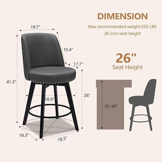 MINCETA Bar Stool, PU Leather Barstool, 26 Inch Upholstered Counter Stool with High Back and Footrest, Swivel Counter Height Barstool for Kitchen Island Home Bar Dark Gray