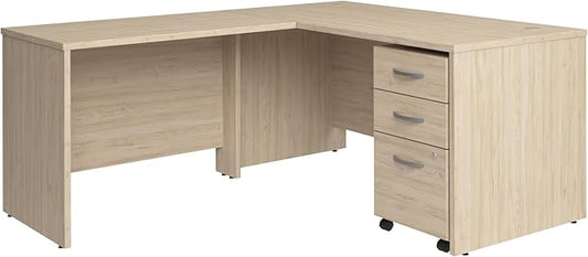 Bush Business Furniture 60W x 30D L Shaped Desk with Mobile File Cabinet, Corner Table and Drawers for Home or Professional Office, Studio C Collection, Natural Elm