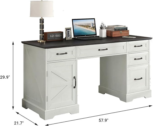 Executive Desk, Farmhouse Home Office Desk with Drawers and Storage Cabinet, Wood Computer Desk for Work and Study, Antique White (Style one)