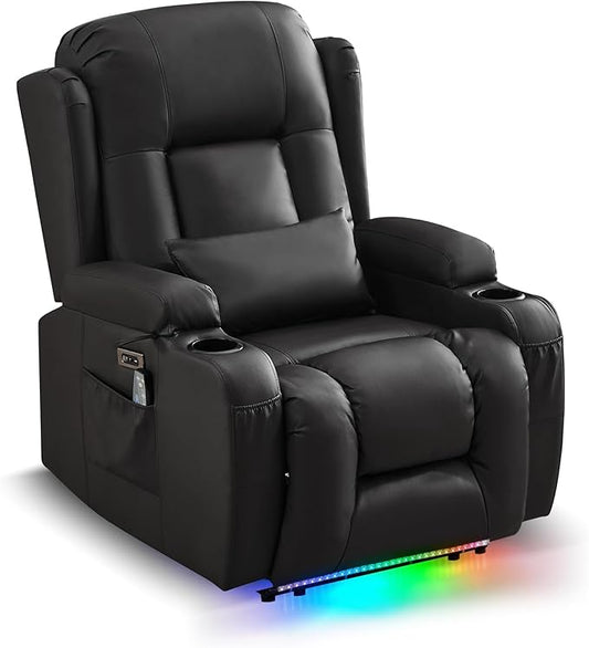 URRED Power Recliner Chair with Massage and Heat for Adults, Electric Reclining Sofa Home Theater Seating with Ambient Light, USB Ports, Cup Holders, Side Pockets, Pillow, Faux Leather (Black)