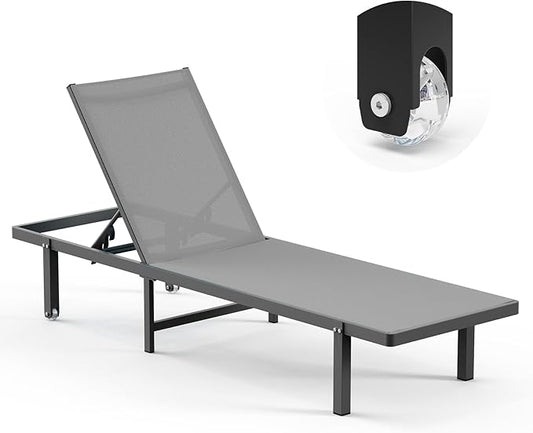 Pool Lounge Chairs, Chaise Lounge Outdoor with Wheels and 5-Position Recliner -Easy to Move- Aluminum Patio Lounge Chair for Poolside, Deck (Darkgray)